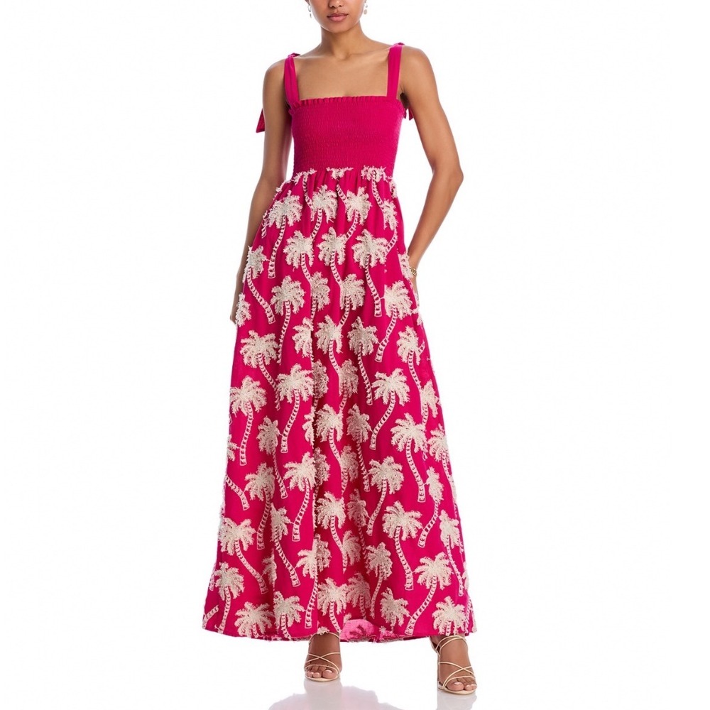 Agua Bendita Agata Palms Maxi Dress Pink White Embroidered Smocked Large NEW